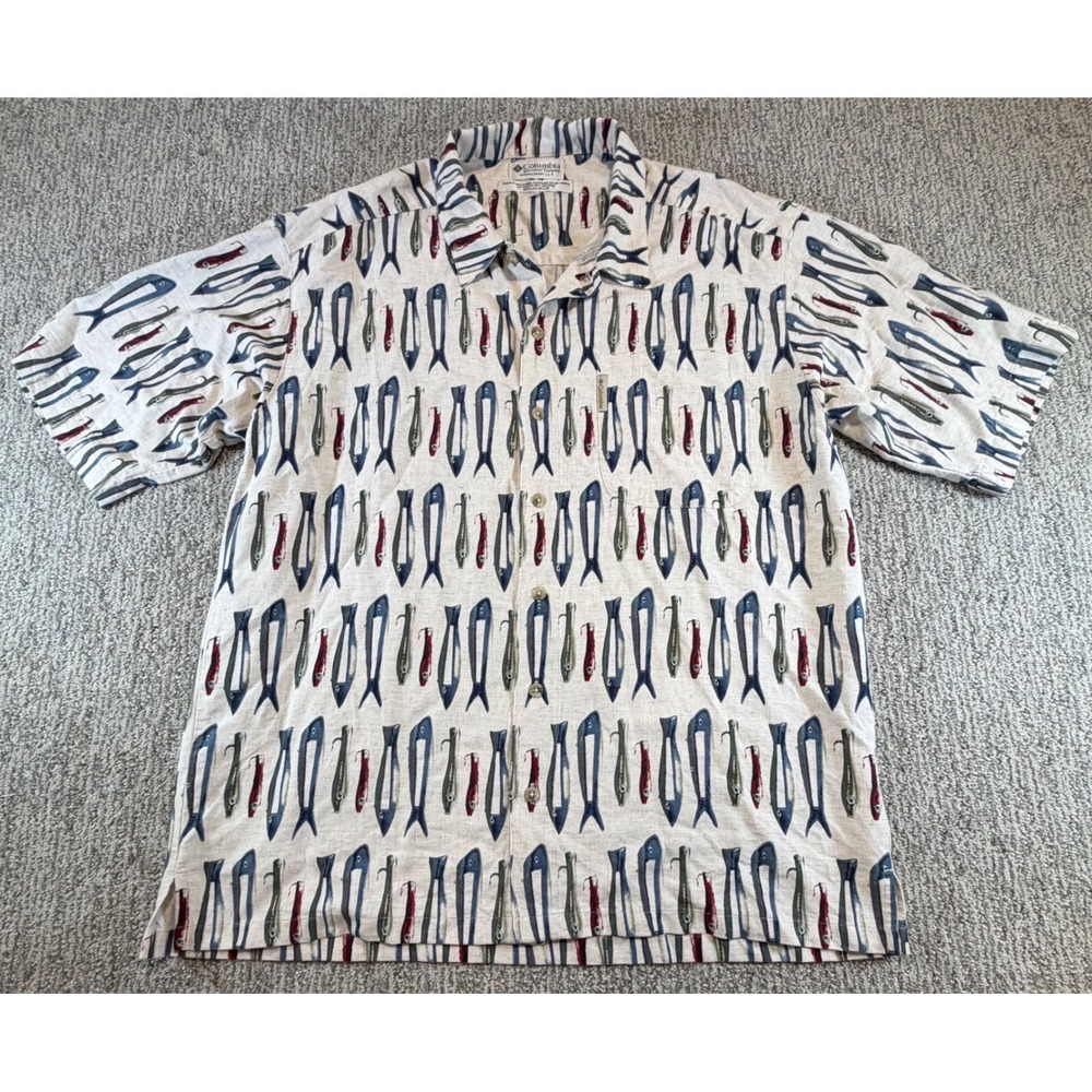 Columbia Button Down Shirt Mens L Cream Fish Lure Print Rayon Linen AM7543
